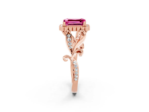 Rose gold Emerald Cut Pink Sapphire Halo Ring with Vintage Split Shank and Four-Prong Setting