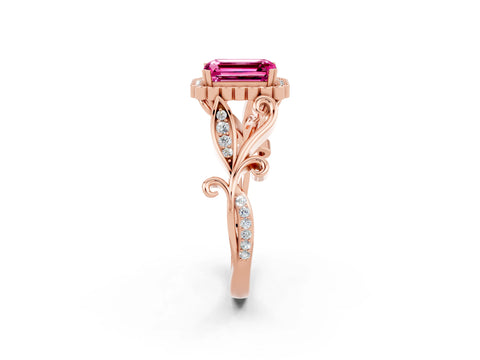 Rose gold Emerald Cut Pink Sapphire Halo Ring with Vintage Split Shank and Four-Prong Setting_2