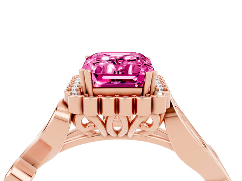 Rose gold Emerald Cut Pink Sapphire Halo Ring with Vintage Split Shank and Four-Prong Setting_4