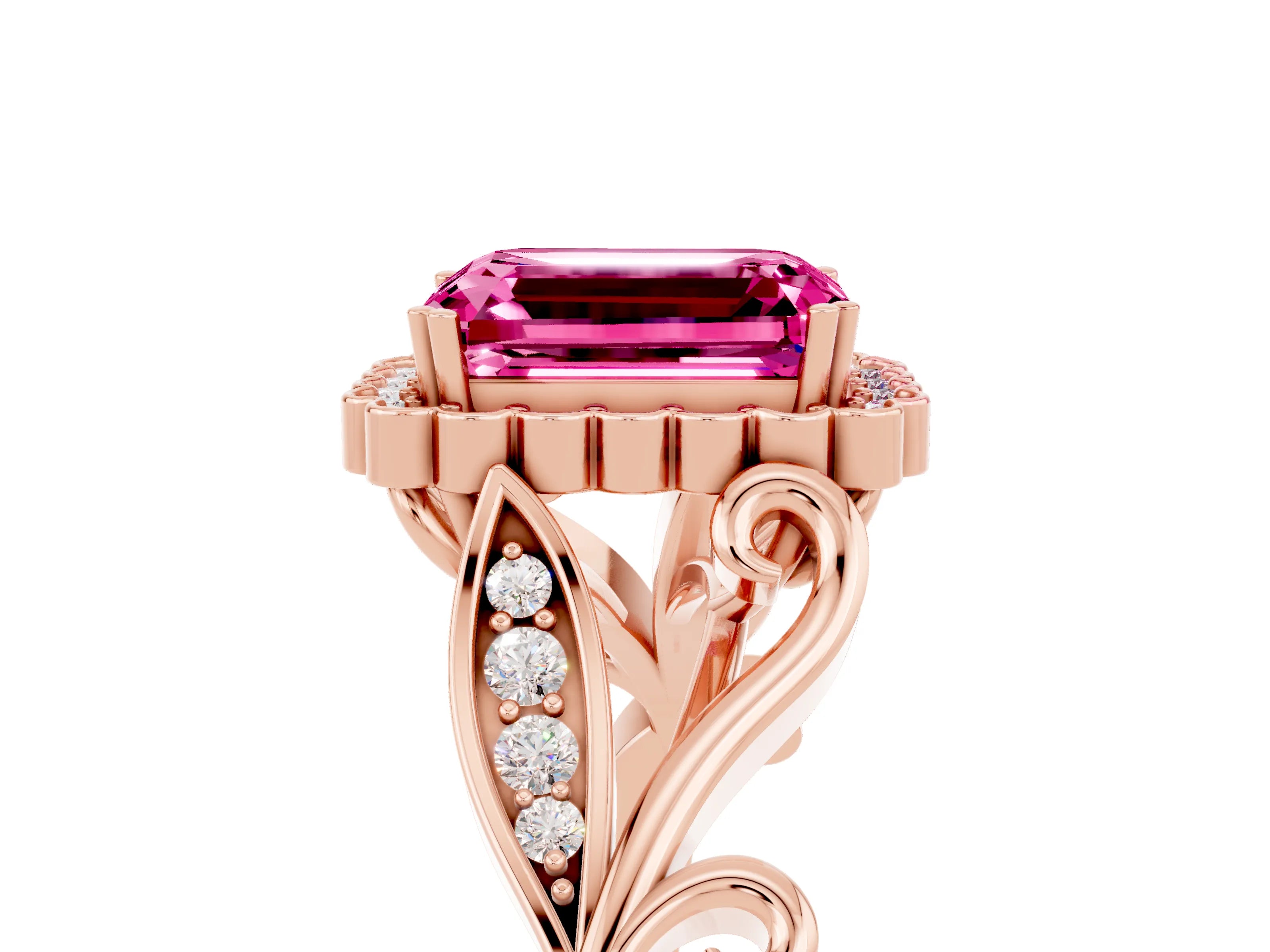 Rose gold Emerald Cut Pink Sapphire Halo Ring with Vintage Split Shank and Four-Prong Setting_5