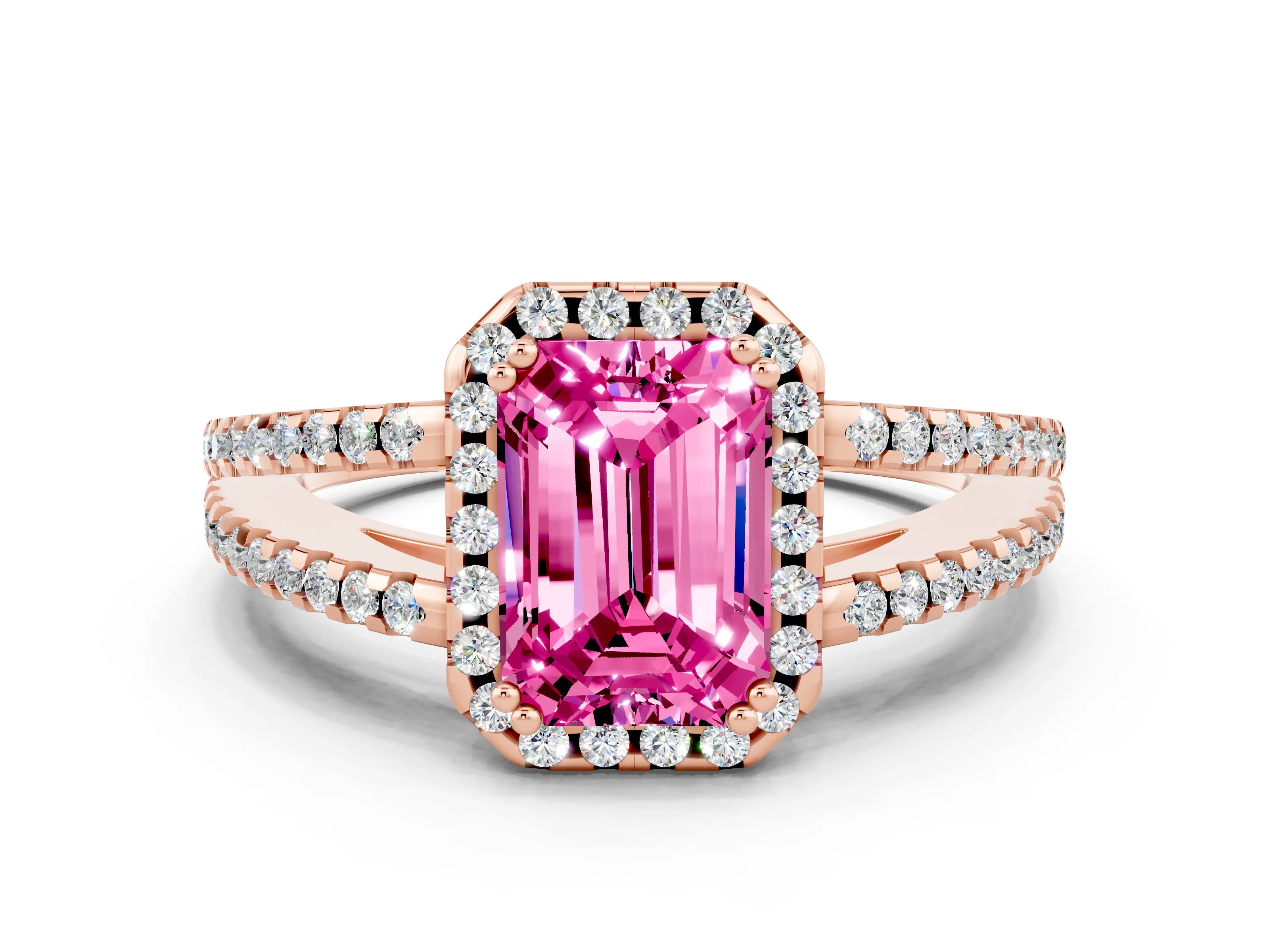 Rose gold Emerald Cut Pink Sapphire Halo Split Shank Engagement Ring_12