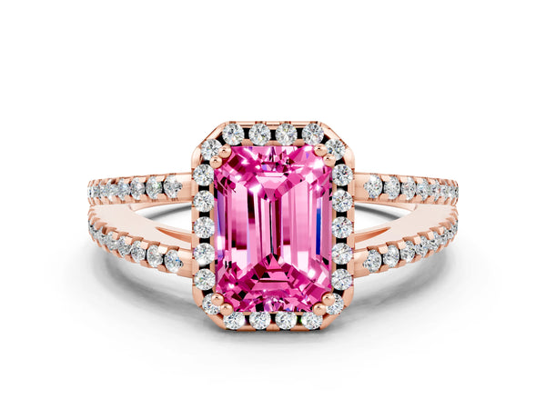 Rose gold Emerald Cut Pink Sapphire Halo Split Shank Engagement Ring