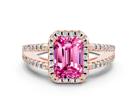 Rose gold Emerald Cut Pink Sapphire Halo Split Shank Engagement Ring_12