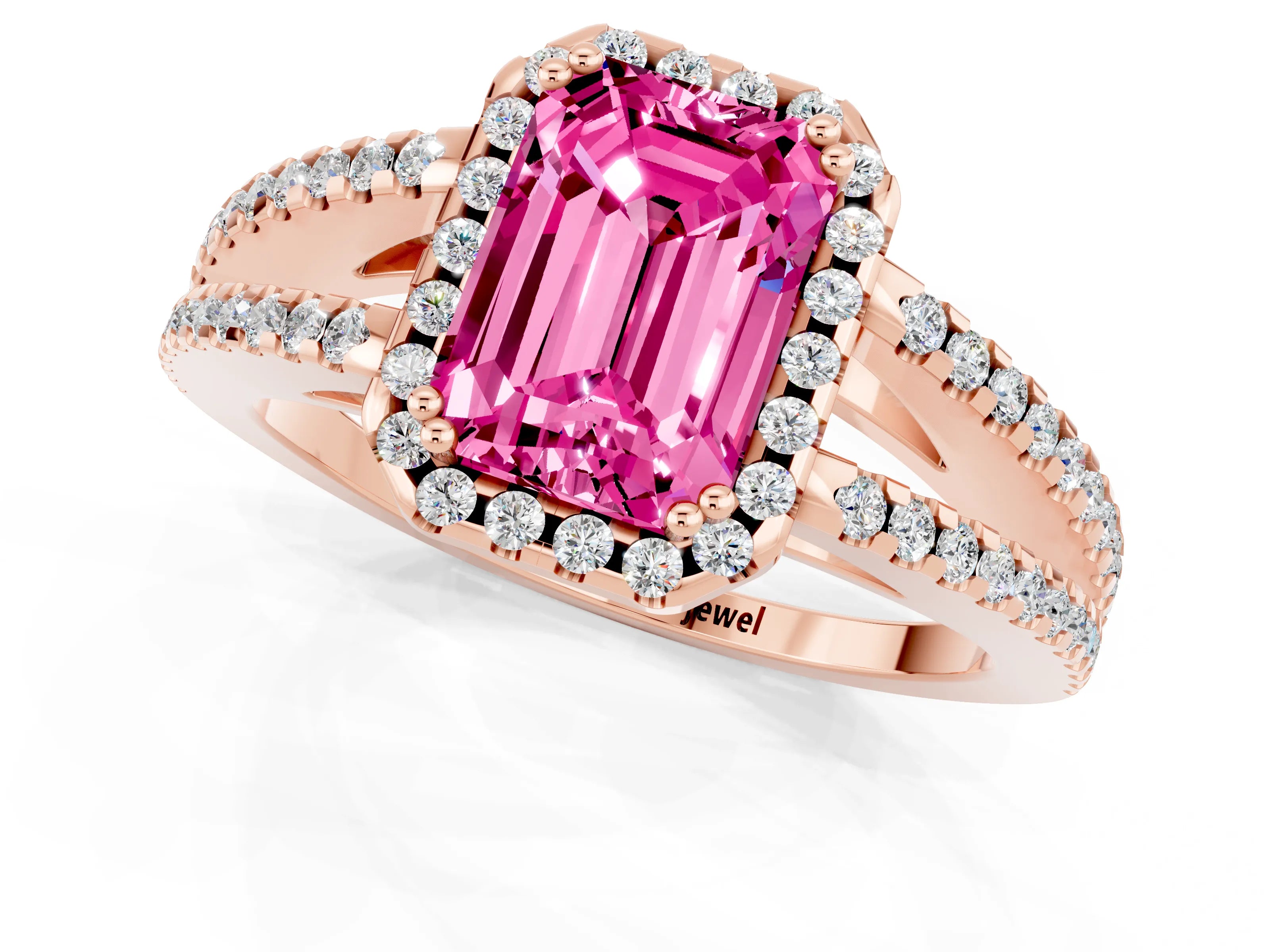 Rose gold Emerald Cut Pink Sapphire Halo Split Shank Engagement Ring_13