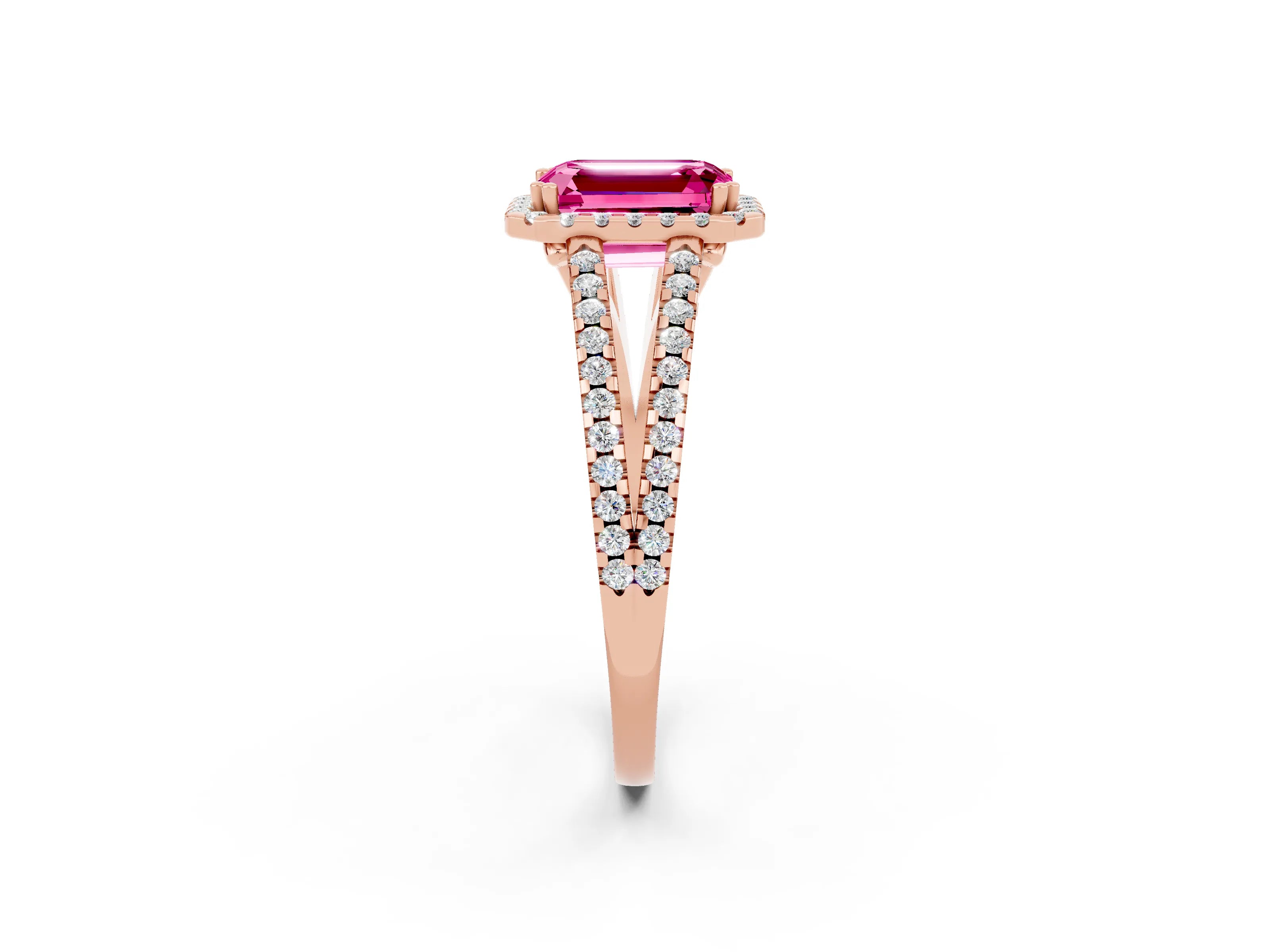 Rose gold Emerald Cut Pink Sapphire Halo Split Shank Engagement Ring_14
