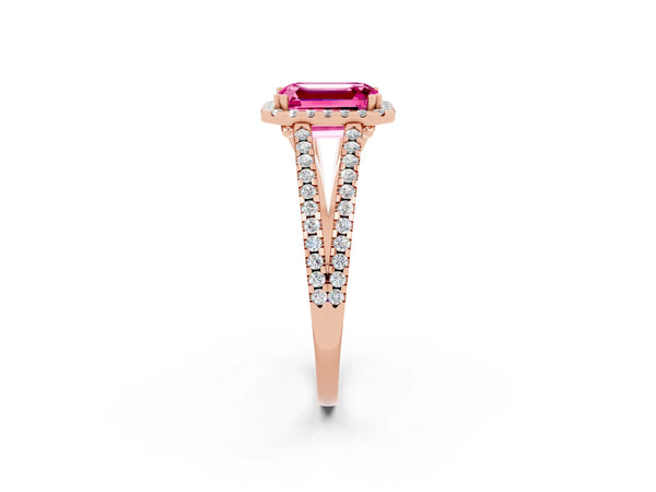 Rose gold Emerald Cut Pink Sapphire Halo Split Shank Engagement Ring