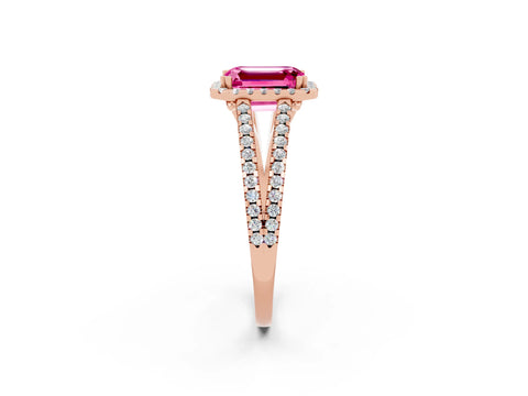Rose gold Emerald Cut Pink Sapphire Halo Split Shank Engagement Ring_14