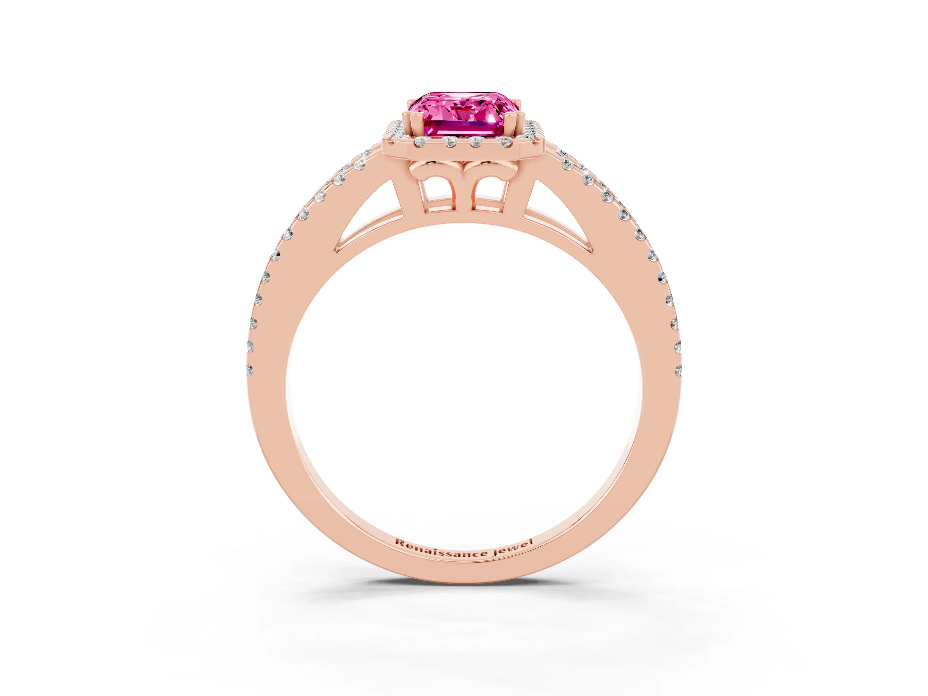 Rose gold Emerald Cut Pink Sapphire Halo Split Shank Engagement Ring_15