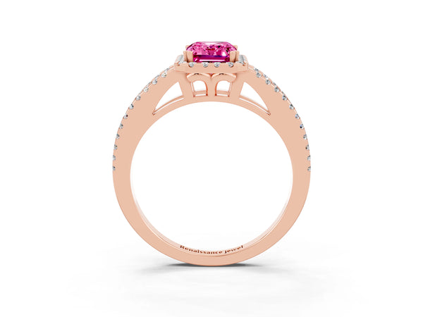 Rose gold Emerald Cut Pink Sapphire Halo Split Shank Engagement Ring
