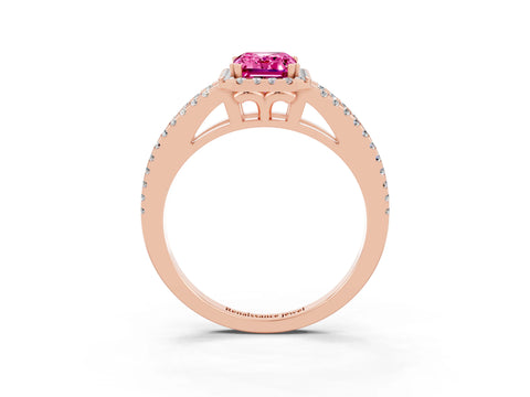 Rose gold Emerald Cut Pink Sapphire Halo Split Shank Engagement Ring_15