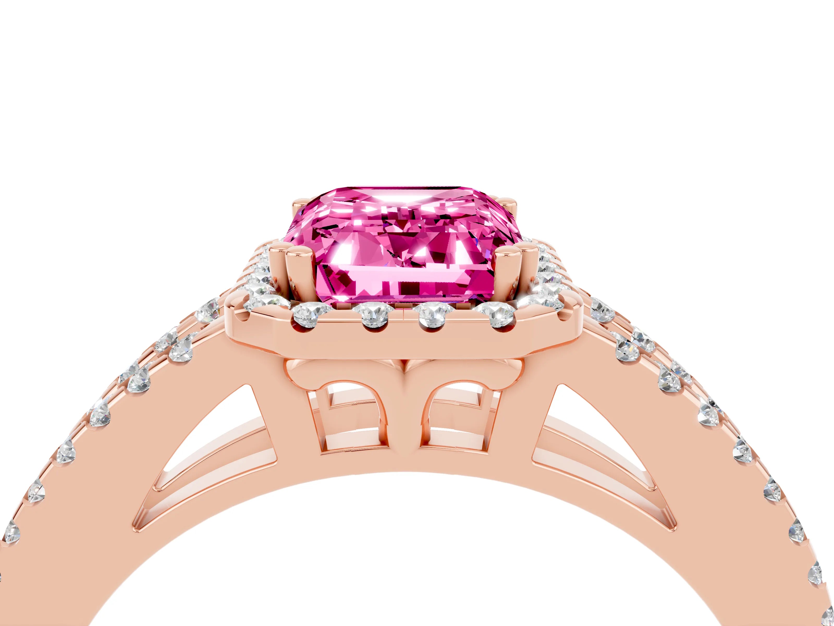 Rose gold Emerald Cut Pink Sapphire Halo Split Shank Engagement Ring_16
