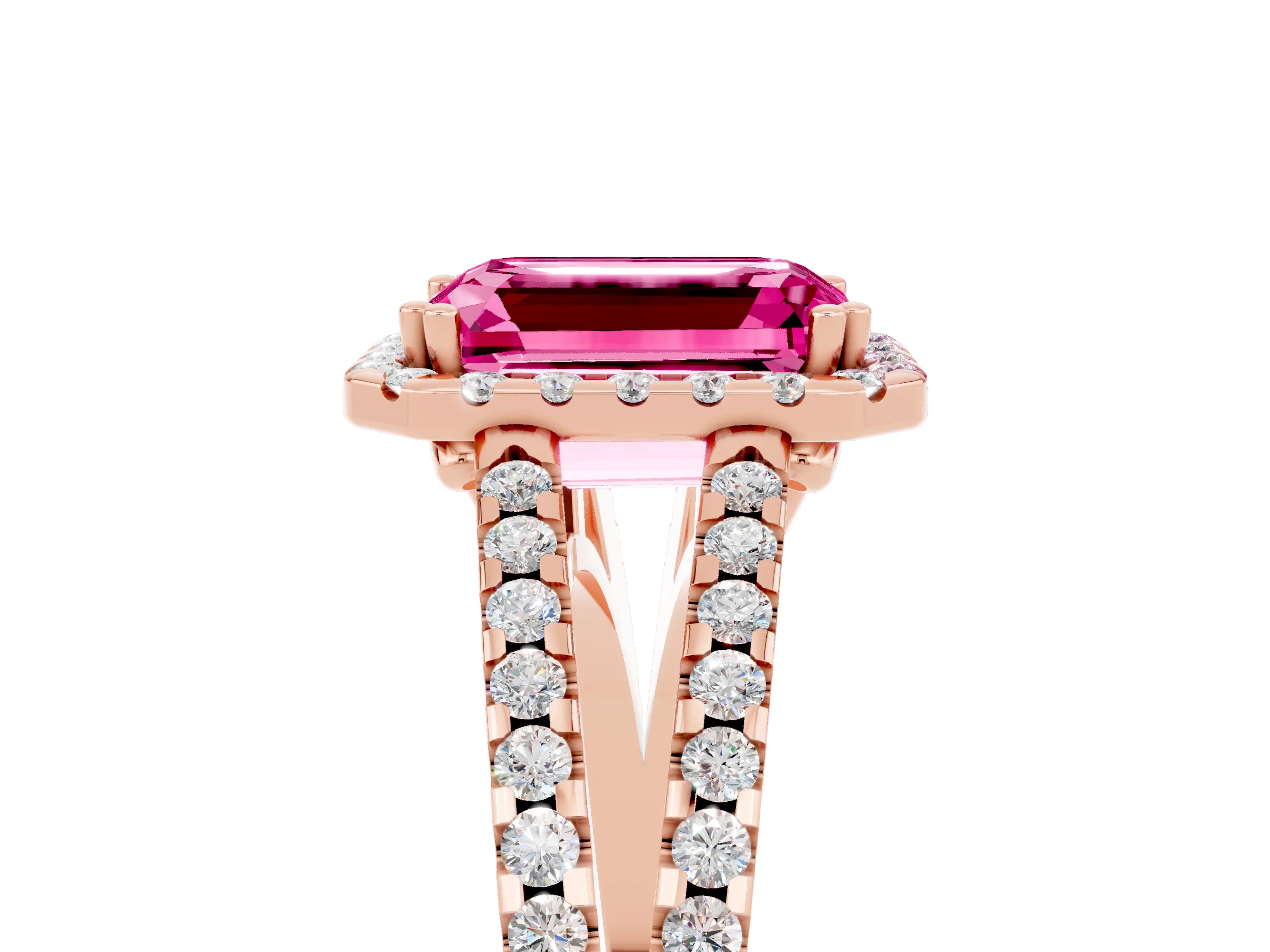 Rose gold Emerald Cut Pink Sapphire Halo Split Shank Engagement Ring_17