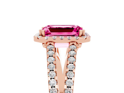 Rose gold Emerald Cut Pink Sapphire Halo Split Shank Engagement Ring_17