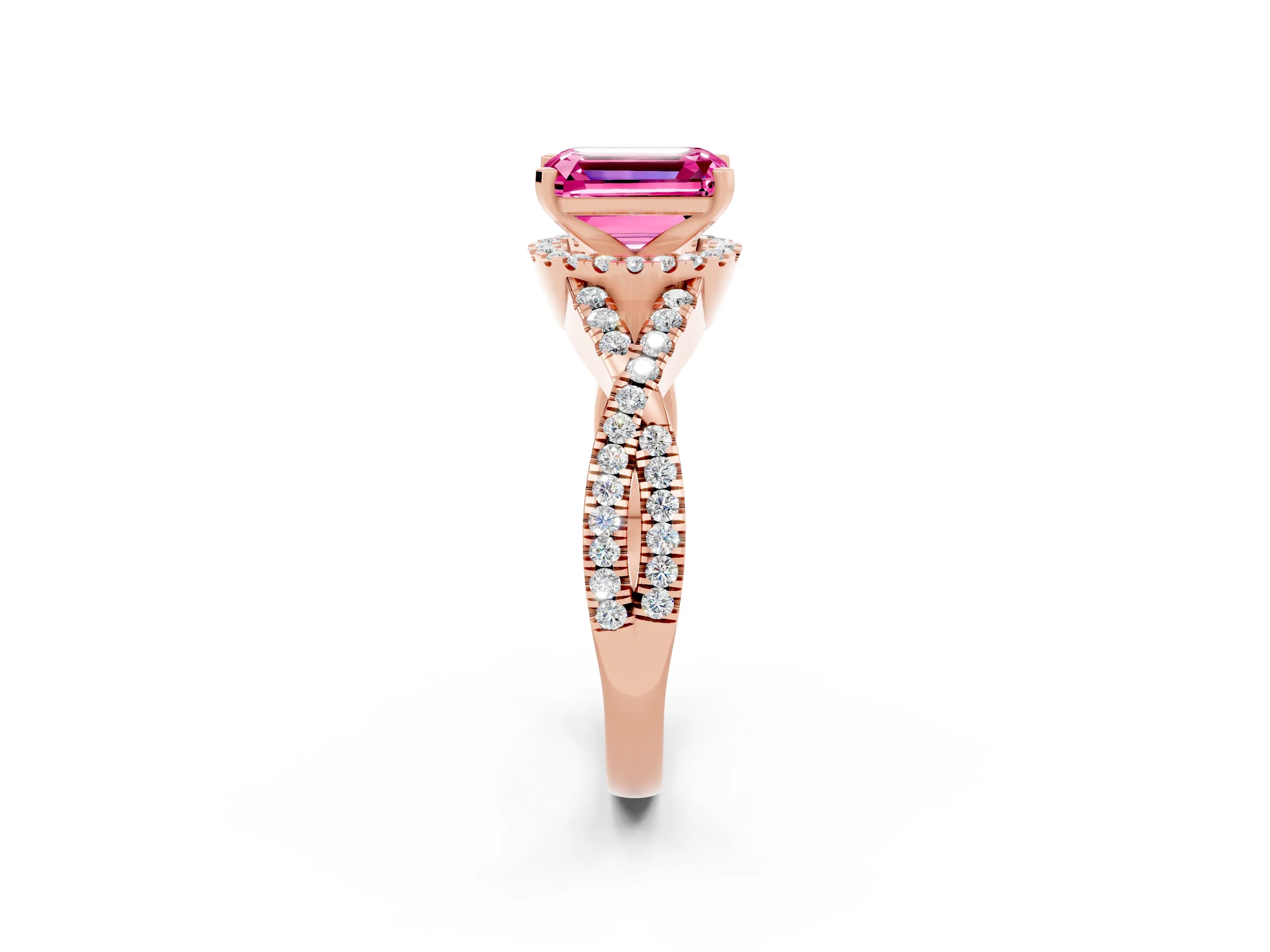 Rose gold Emerald Cut Pink Sapphire Halo Twist Band Solitaire Prong Setting Ring_26