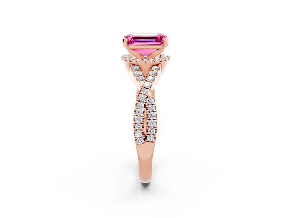 Rose gold Emerald Cut Pink Sapphire  Halo Twist Band Solitaire Prong Setting Ring
