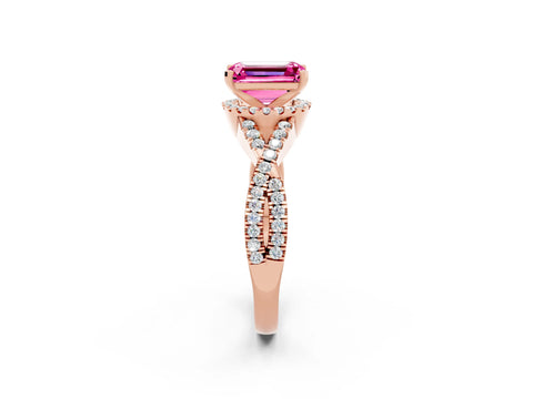 Rose gold Emerald Cut Pink Sapphire Halo Twist Band Solitaire Prong Setting Ring_26