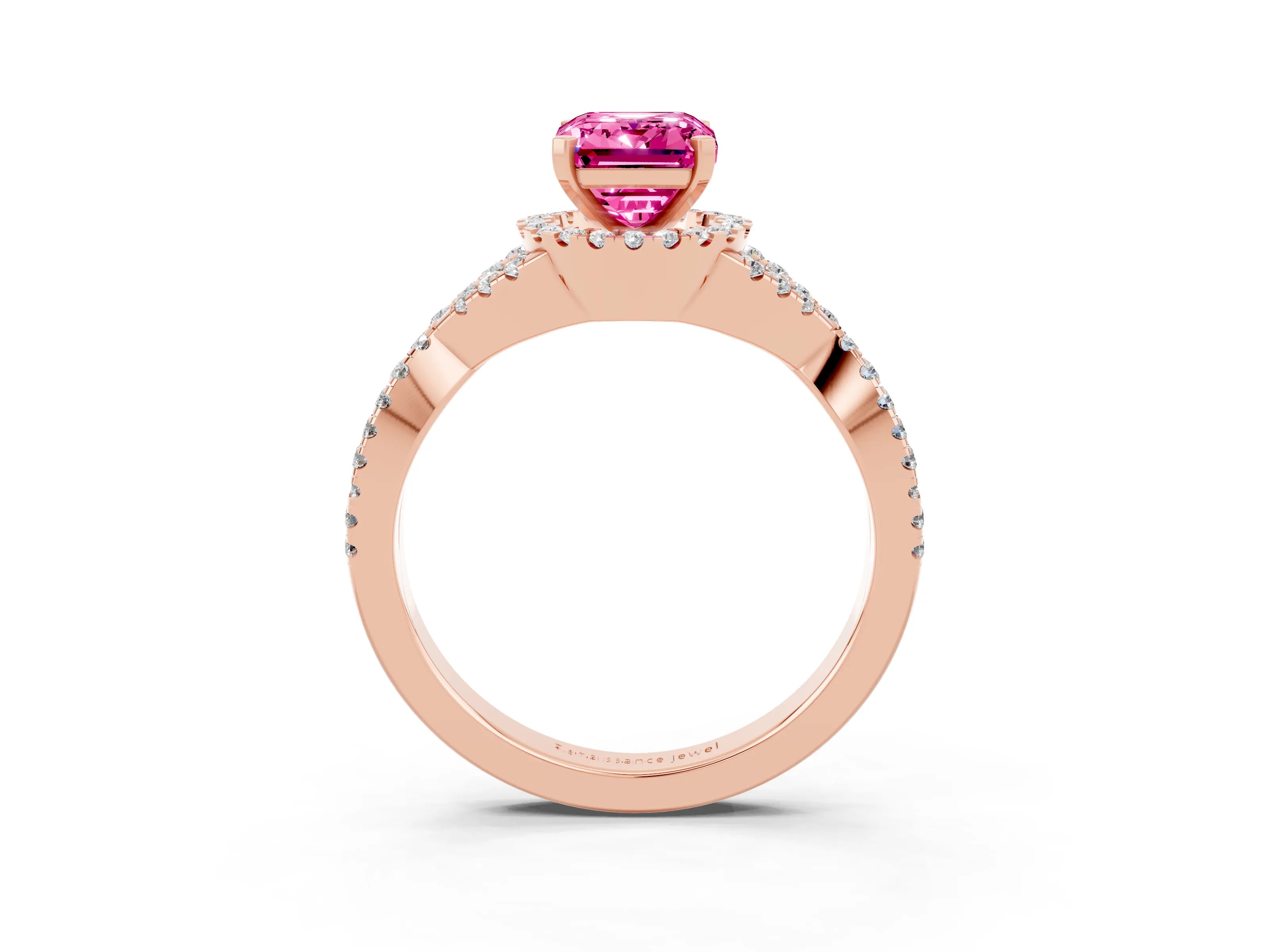 Rose gold Emerald Cut Pink Sapphire Halo Twist Band Solitaire Prong Setting Ring_27