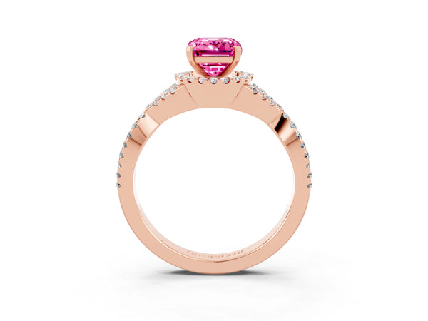 Rose gold Emerald Cut Pink Sapphire  Halo Twist Band Solitaire Prong Setting Ring