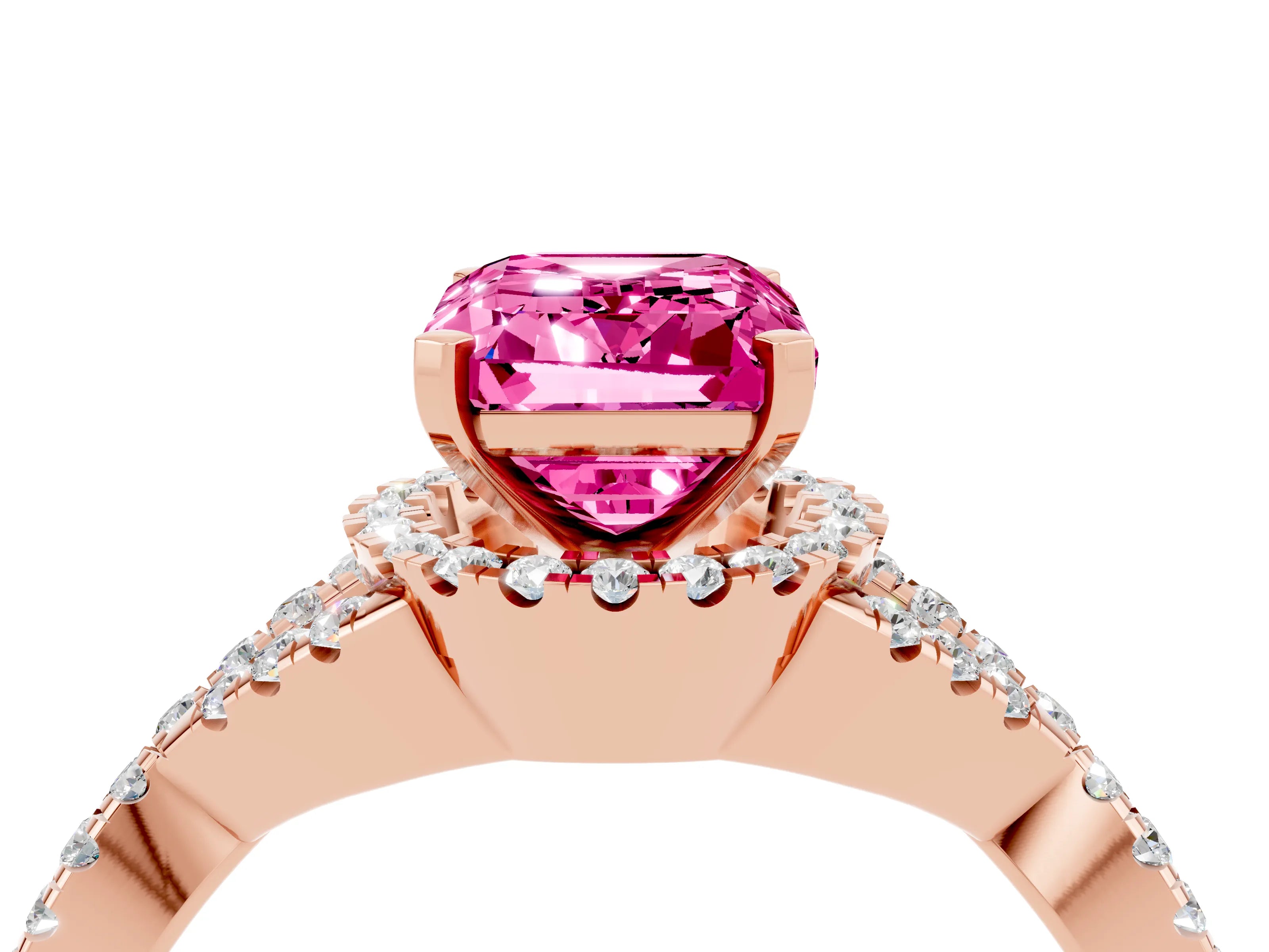 Rose gold Emerald Cut Pink Sapphire Halo Twist Band Solitaire Prong Setting Ring_28