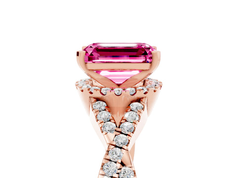 Rose gold Emerald Cut Pink Sapphire Halo Twist Band Solitaire Prong Setting Ring_29