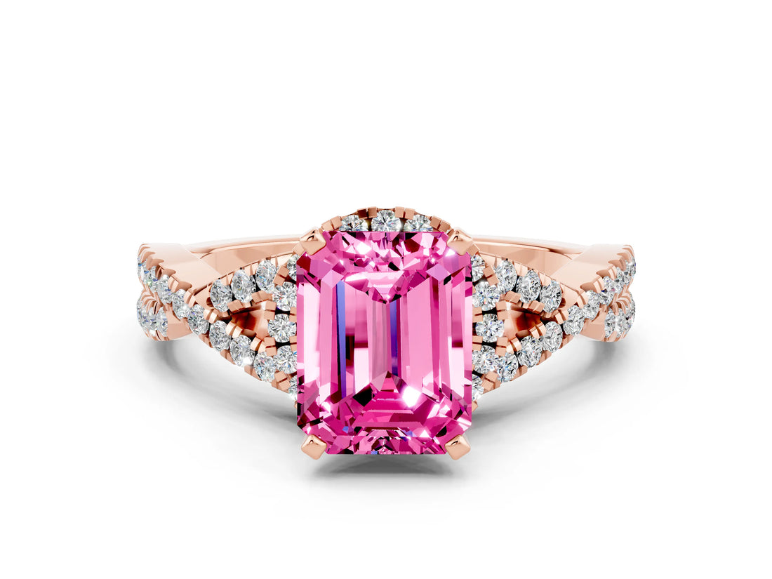 Rose gold Emerald Cut Pink Sapphire  Halo Twist Band Solitaire Prong Setting Ring_48