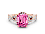 Rose gold Emerald Cut Pink Sapphire  Halo Twist Band Solitaire Prong Setting Ring_48