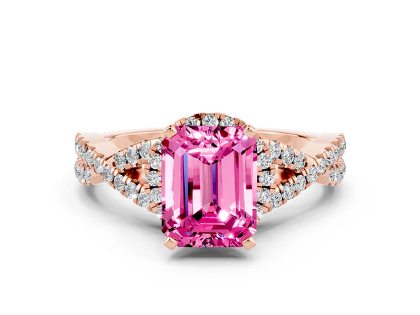 Rose gold Emerald Cut Pink Sapphire  Halo Twist Band Solitaire Prong Setting Ring