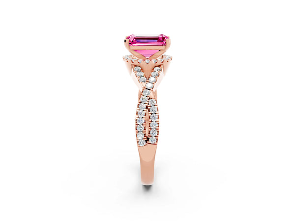 Rose gold Emerald Cut Pink Sapphire  Halo Twist Band Solitaire Prong Setting Ring