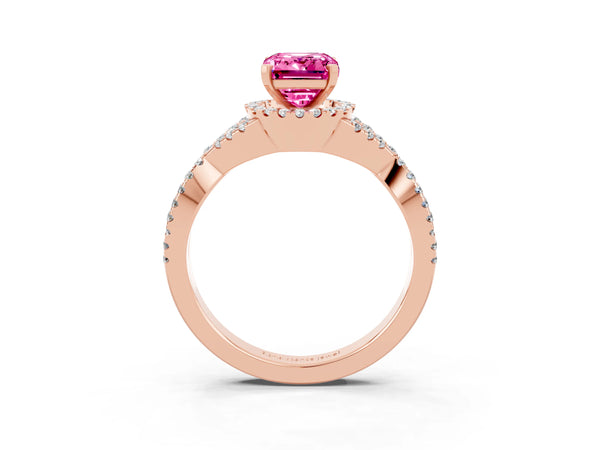 Rose gold Emerald Cut Pink Sapphire  Halo Twist Band Solitaire Prong Setting Ring