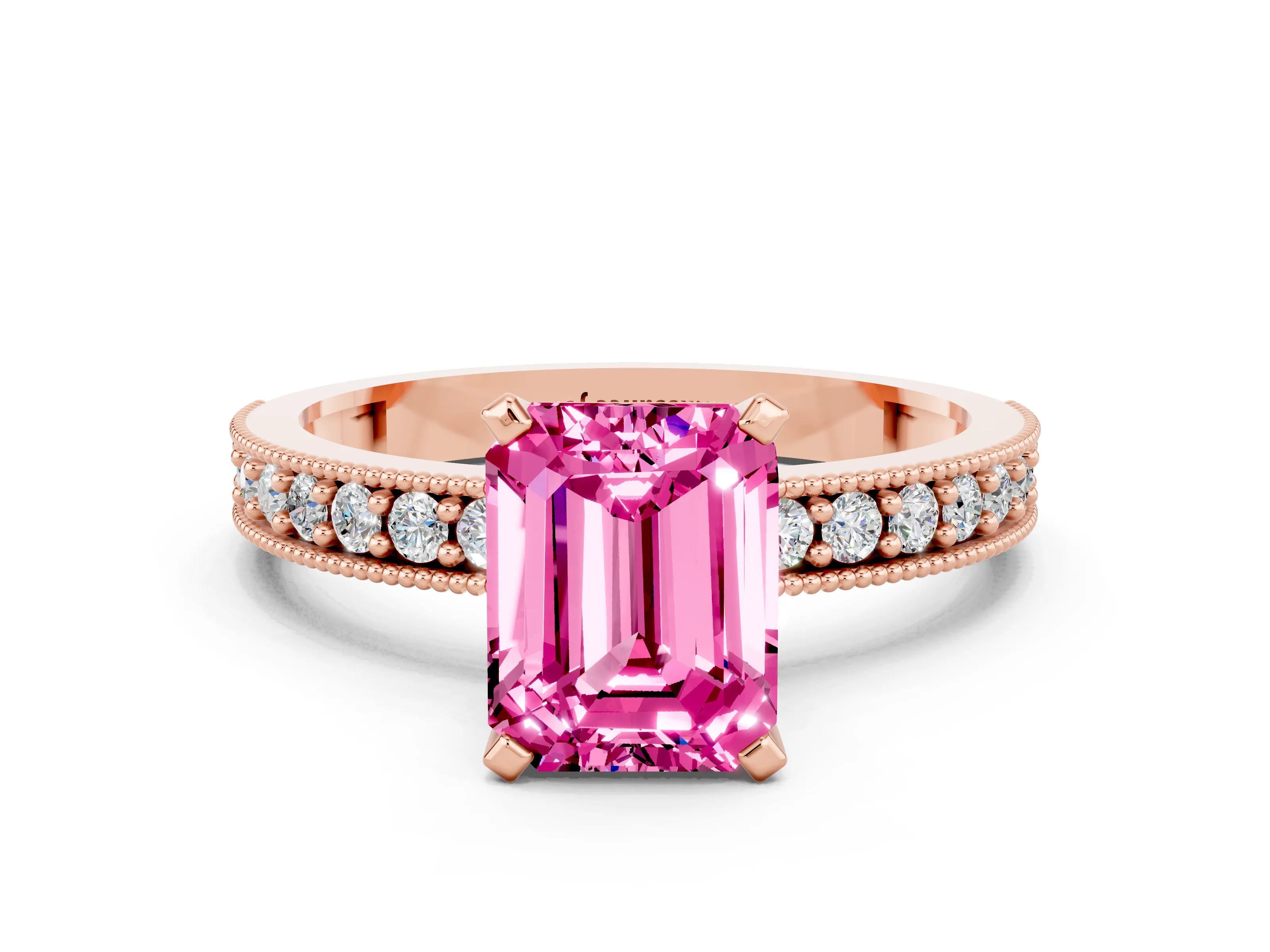 Rose gold Emerald Cut Pink Sapphire Milgrain Pavé Engagement Ring with Four-Prong Setting_36