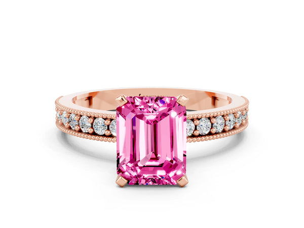 Rose gold Emerald Cut Pink Sapphire Milgrain Pavé Engagement Ring with Four-Prong Setting