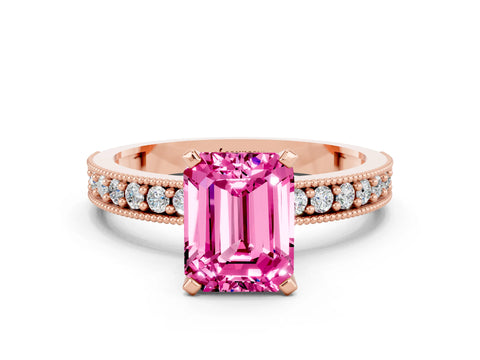 Rose gold Emerald Cut Pink Sapphire Milgrain Pavé Engagement Ring with Four-Prong Setting_36