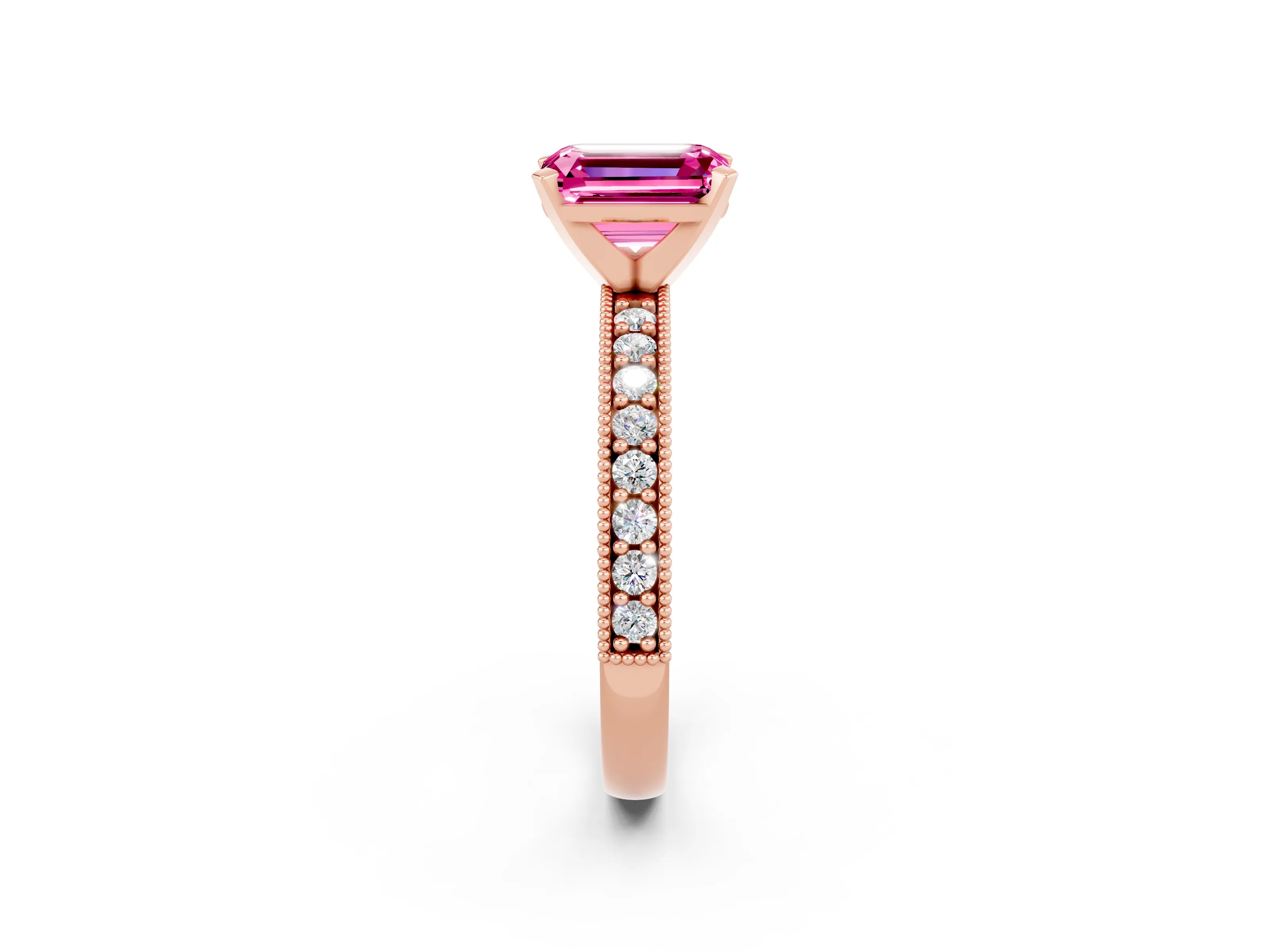 Rose gold Emerald Cut Pink Sapphire Milgrain Pavé Engagement Ring with Four-Prong Setting_38