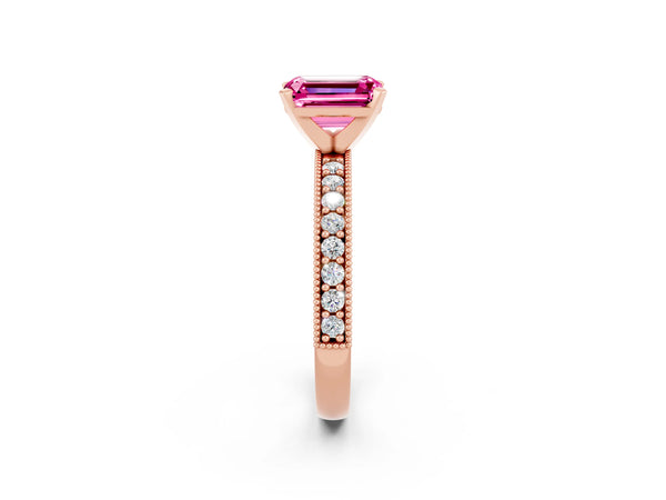 Rose gold Emerald Cut Pink Sapphire Milgrain Pavé Engagement Ring with Four-Prong Setting