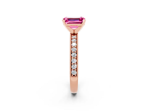 Rose gold Emerald Cut Pink Sapphire Milgrain Pavé Engagement Ring with Four-Prong Setting_38