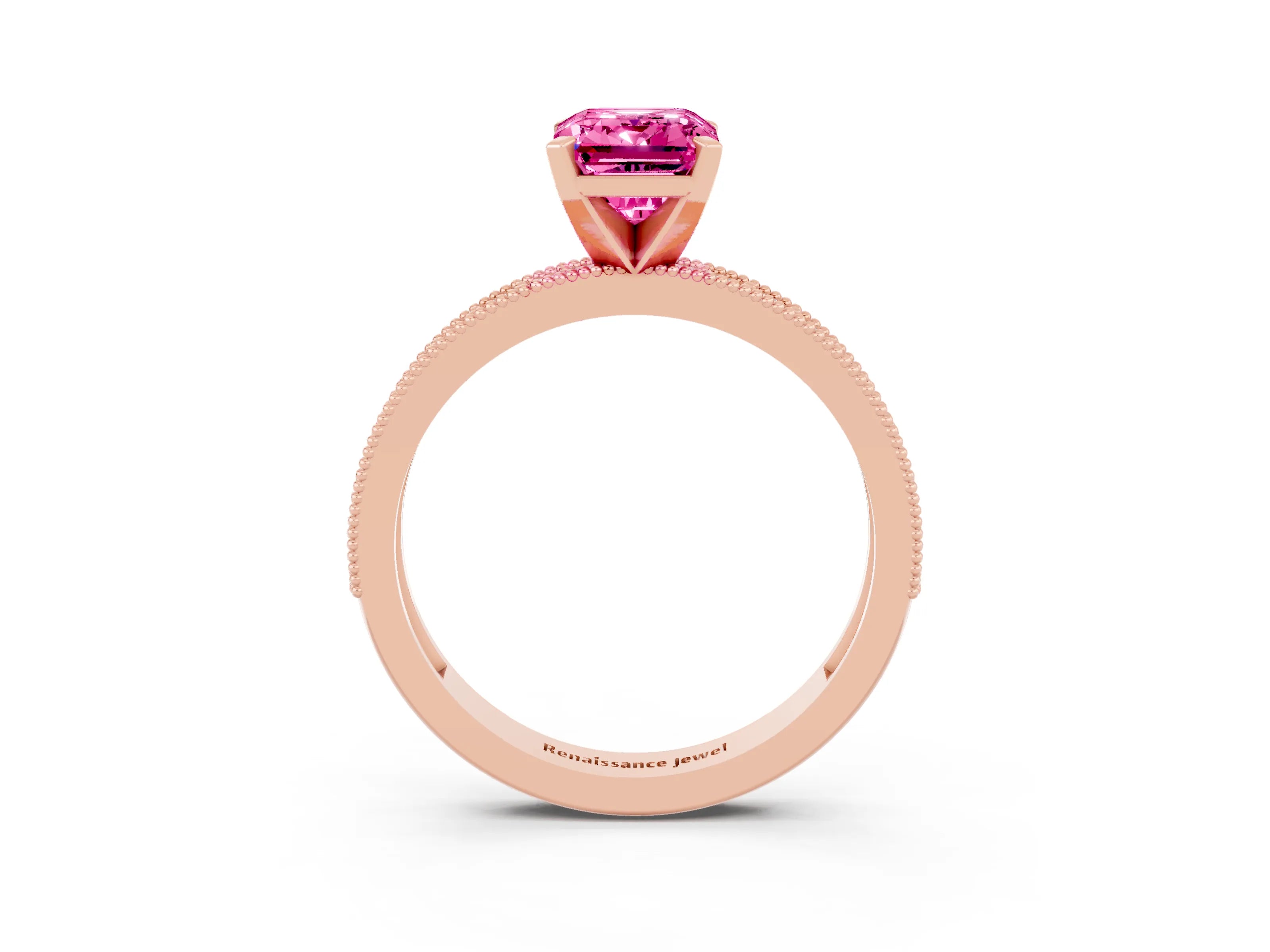 Rose gold Emerald Cut Pink Sapphire Milgrain Pavé Engagement Ring with Four-Prong Setting_39