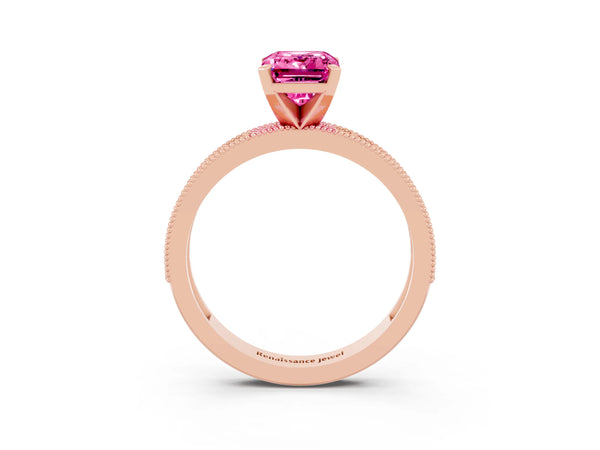 Rose gold Emerald Cut Pink Sapphire Milgrain Pavé Engagement Ring with Four-Prong Setting