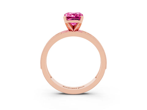 Rose gold Emerald Cut Pink Sapphire Milgrain Pavé Engagement Ring with Four-Prong Setting_39