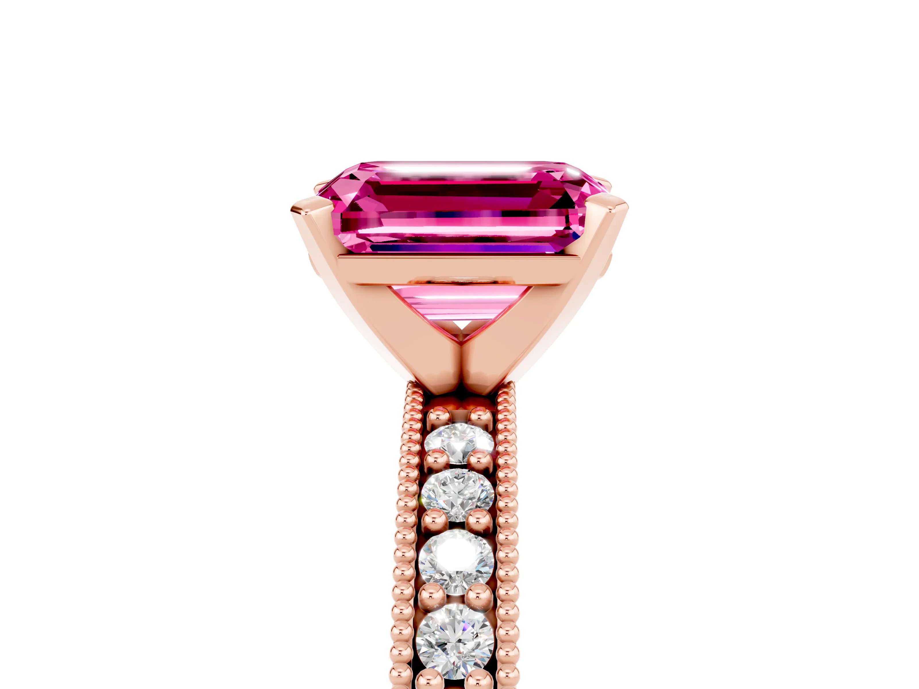 Rose gold Emerald Cut Pink Sapphire Milgrain Pavé Engagement Ring with Four-Prong Setting_41