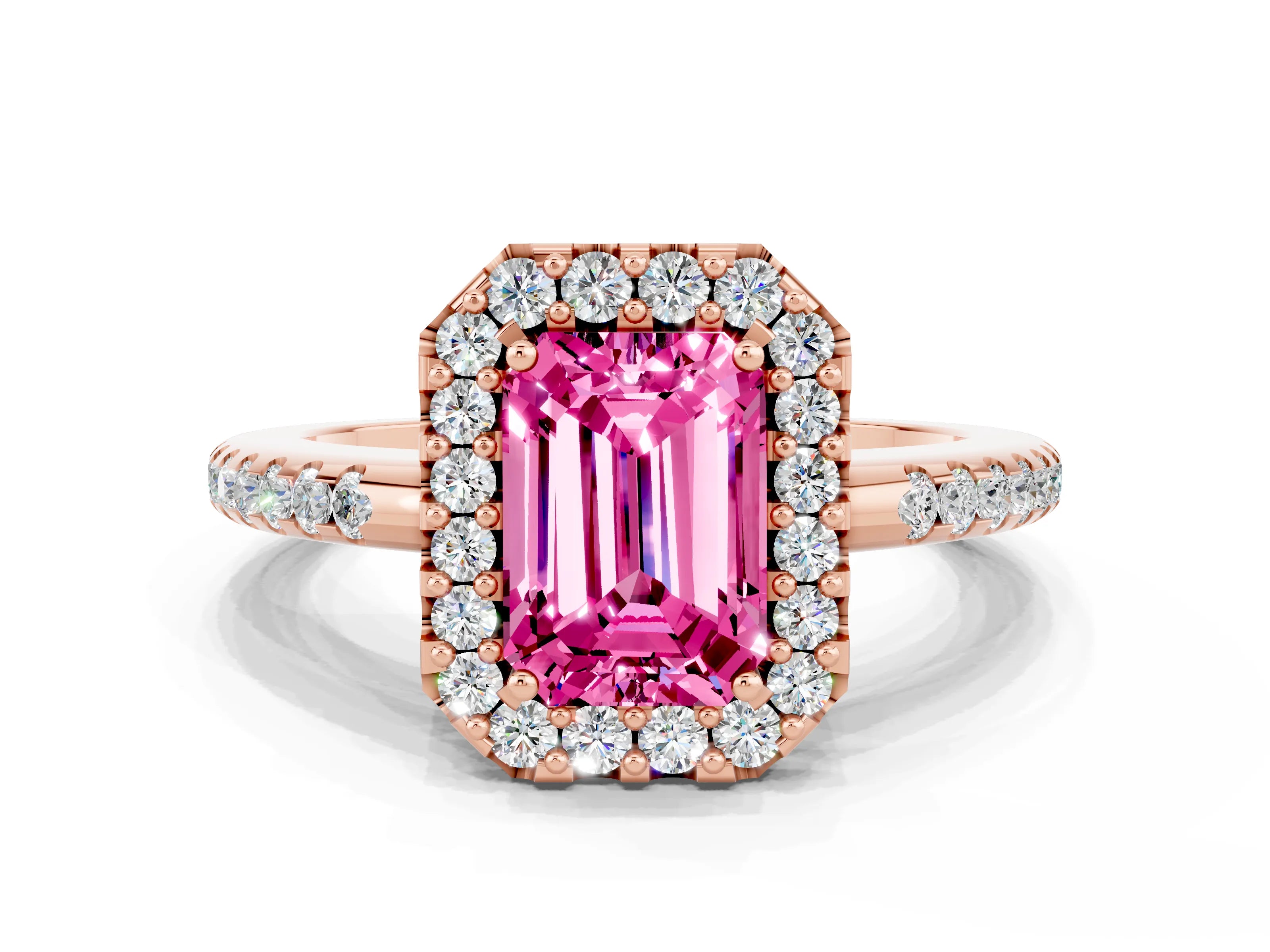 Rose gold Emerald Cut Pink Sapphire Pavé Halo Ring with Four-Prong Setting_12