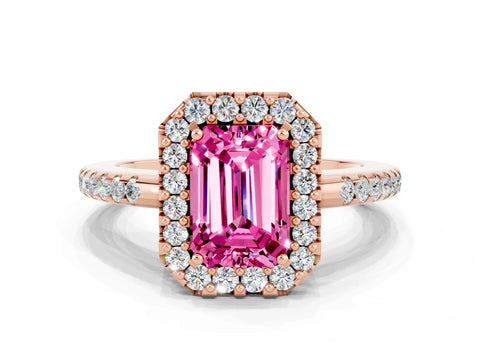 Rose gold Emerald Cut Pink Sapphire Pavé Halo Ring with Four-Prong Setting_12