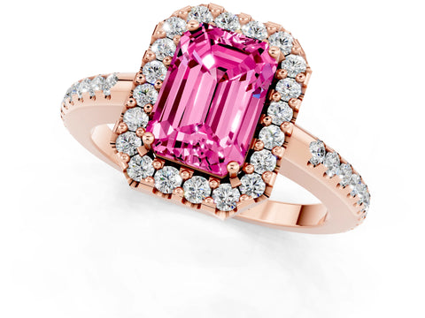 Rose gold Emerald Cut Pink Sapphire Pavé Halo Ring with Four-Prong Setting_13