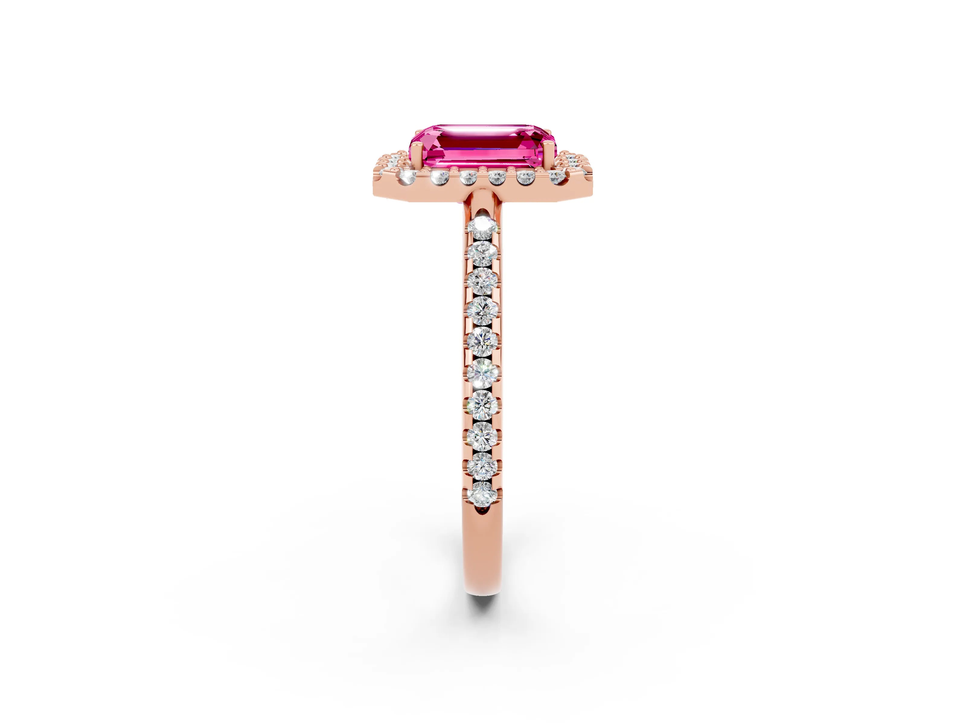 Rose gold Emerald Cut Pink Sapphire Pavé Halo Ring with Four-Prong Setting_14