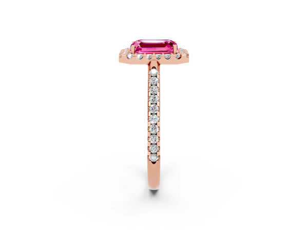Rose gold Emerald Cut Pink Sapphire Pavé Halo Ring with Four-Prong Setting