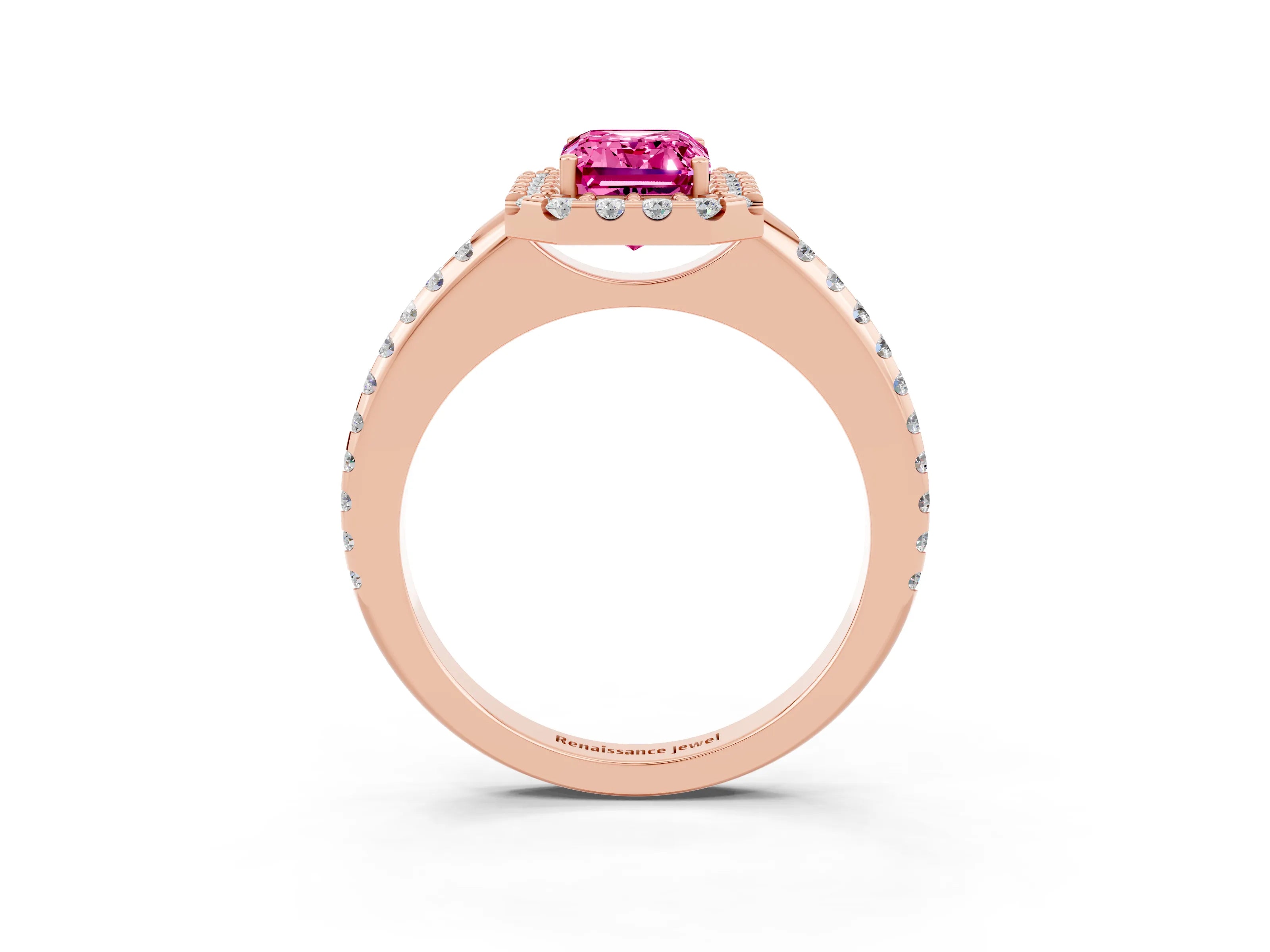 Rose gold Emerald Cut Pink Sapphire Pavé Halo Ring with Four-Prong Setting_15