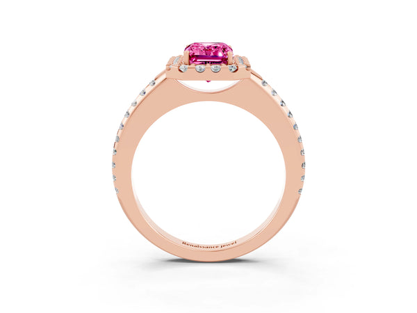 Rose gold Emerald Cut Pink Sapphire Pavé Halo Ring with Four-Prong Setting