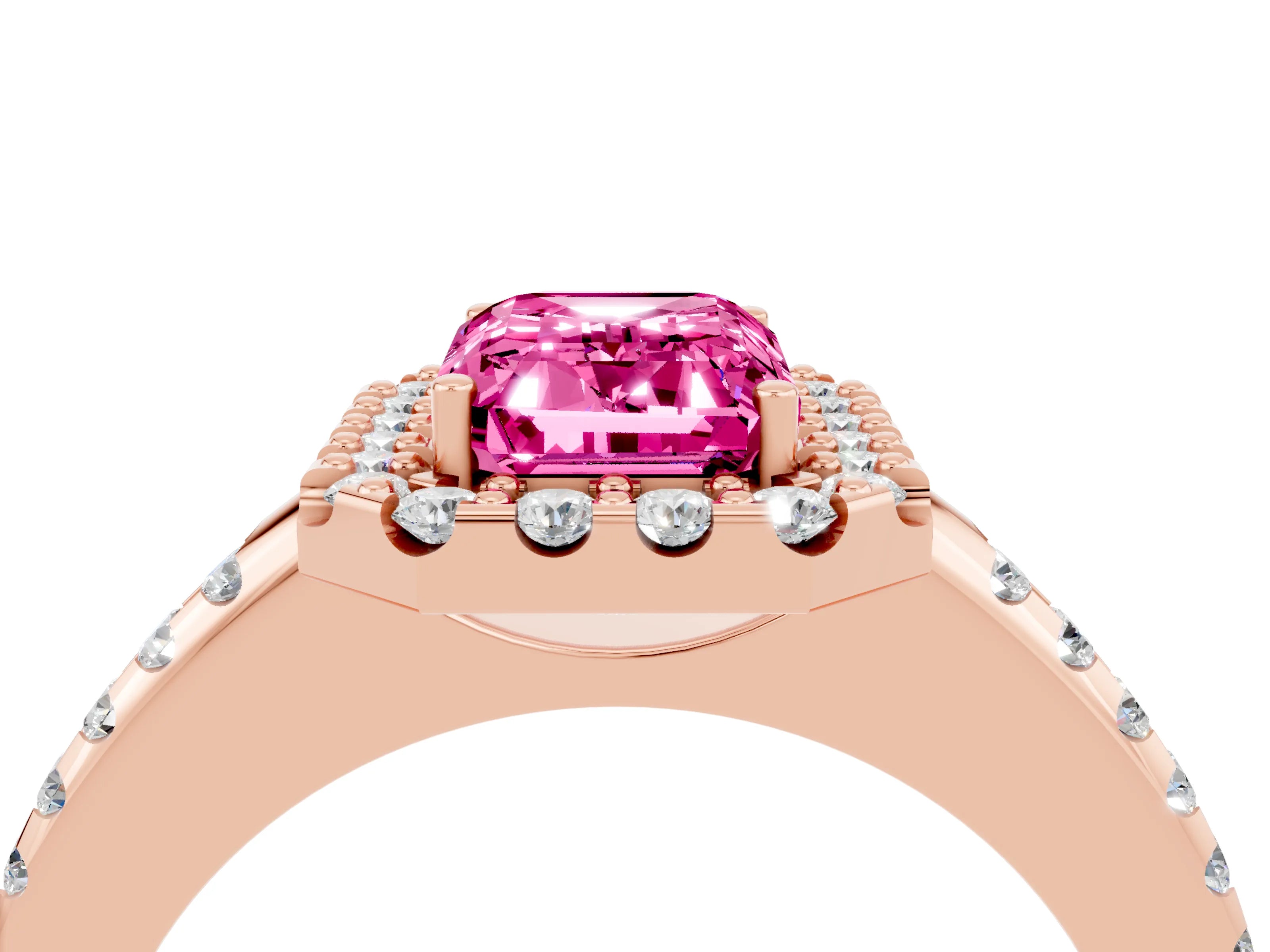 Rose gold Emerald Cut Pink Sapphire Pavé Halo Ring with Four-Prong Setting_16