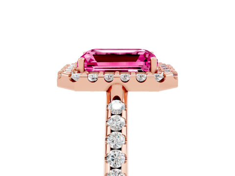 Rose gold Emerald Cut Pink Sapphire Pavé Halo Ring with Four-Prong Setting_17