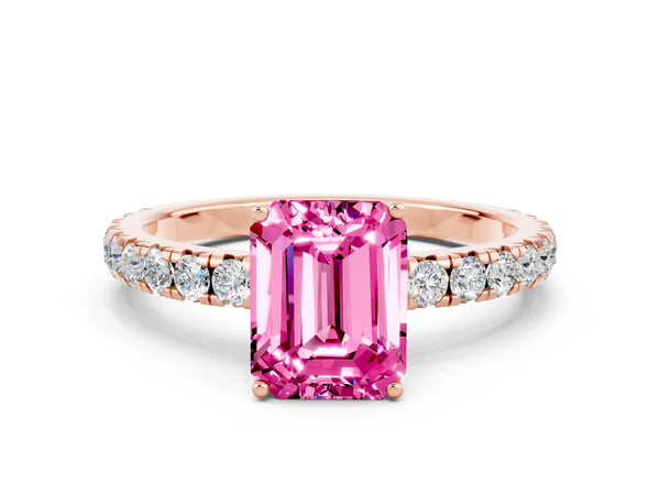 Rose gold Emerald Cut Pink Sapphire Pavé Solitaire Engagement Ring with Four-Prong Setting