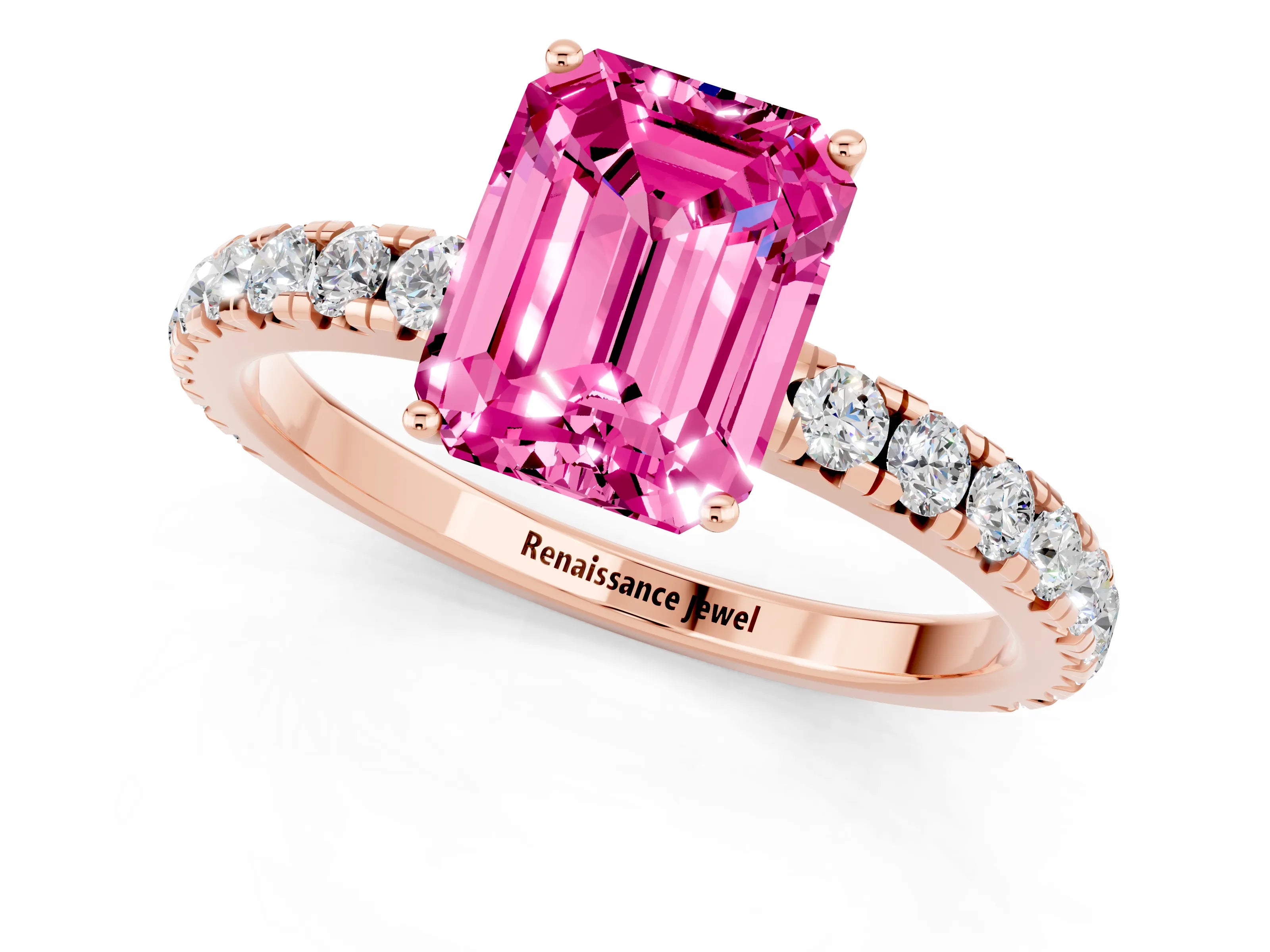 Rose gold Emerald Cut Pink Sapphire Pavé Solitaire Engagement Ring with Four-Prong Setting_13